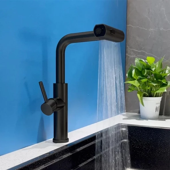Rena Design Çok Modlu Siyah Mutfak Evye Bataryası Spiralli Çek Bırak Başlık Yağmurlama - 2