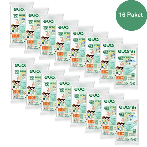 Evony Kids 3 Katlı Yumuşak Elastik Kulaklı 10 lu Çocuk Maskesi x 16 Paket