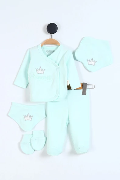 Prenses Desenli Müslin Kız Bebek Hastane Çıkışı Bebek Kıyafetleri Yenidoğan Hastane Çıkış Seti 5 li - 5