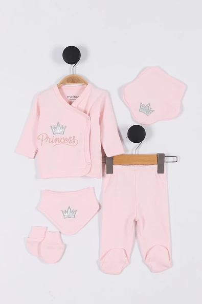 Prenses Desenli Müslin Kız Bebek Hastane Çıkışı Bebek Kıyafetleri Yenidoğan Hastane Çıkış Seti 5 li - 4