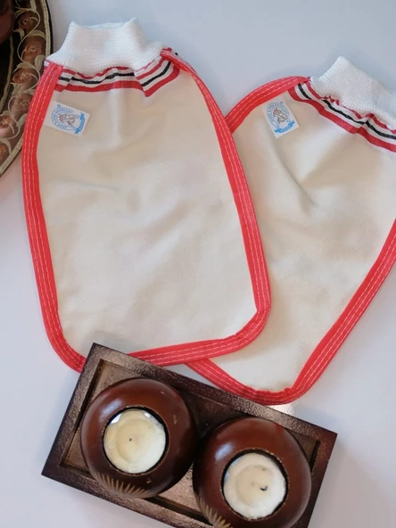 EKER-KIRMIZI BİYELİ HIZLIGİY KESE SETİ-2 ADET KESE-Lastikli Kese-Banyo ve Duş Kesesi-Standart Kese - 2
