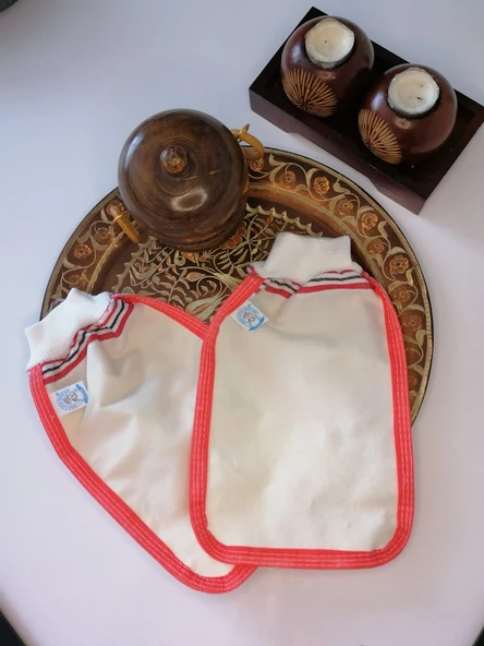 EKER-KIRMIZI BİYELİ HIZLIGİY KESE SETİ-2 ADET KESE-Lastikli Kese-Banyo ve Duş Kesesi-Standart Kese - 3