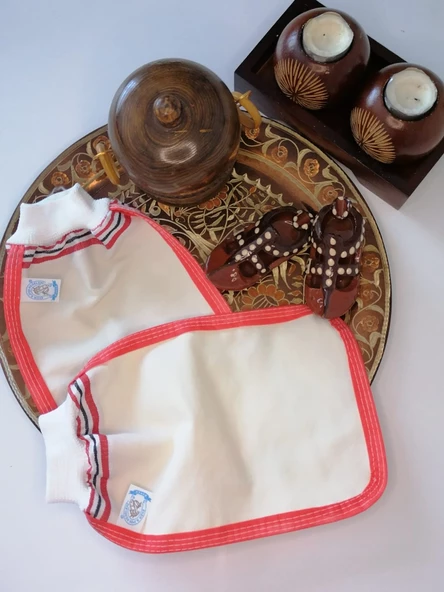 EKER-KIRMIZI BİYELİ HIZLIGİY KESE SETİ-2 ADET KESE-Lastikli Kese-Banyo ve Duş Kesesi-Standart Kese - 5