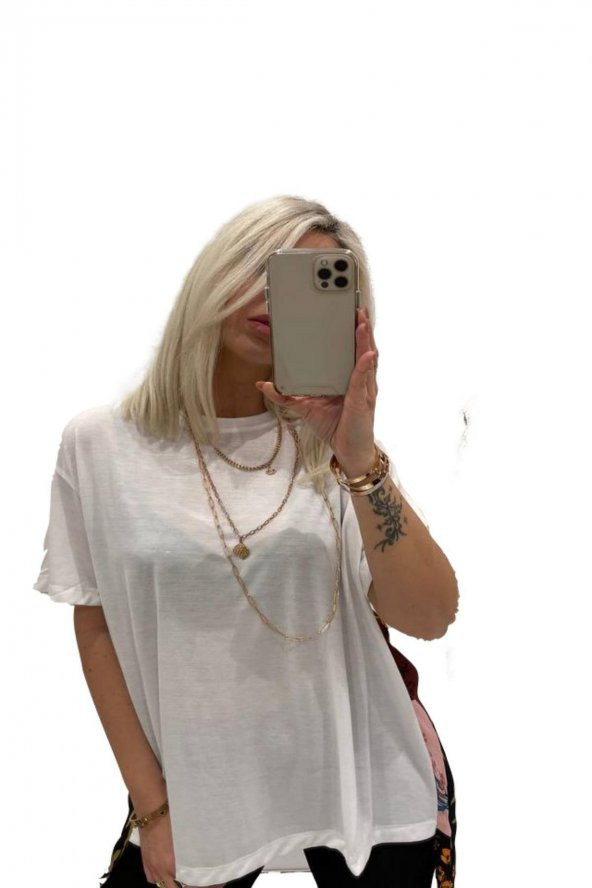 Fame - Kadın Ön Düz Beyaz- Arka Uzun Otantik Desen T-shirt