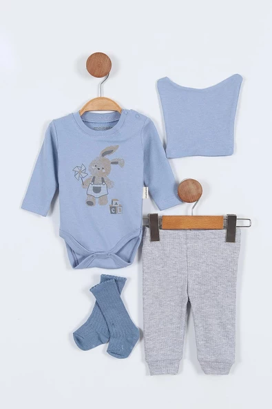 Tavşan Desenli Erkek Bebek Hastane Çıkışı Bebek Kıyafetleri Yenidoğan Hastane Çıkış Seti 4 Müslin