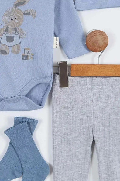 Tavşan Desenli Erkek Bebek Hastane Çıkışı Bebek Kıyafetleri Yenidoğan Hastane Çıkış Seti 4 Müslin - 6