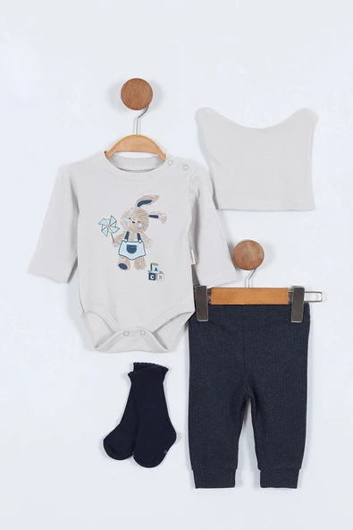 Tavşan Desenli Erkek Bebek Hastane Çıkışı Bebek Kıyafetleri Yenidoğan Hastane Çıkış Seti 4 Müslin - 3