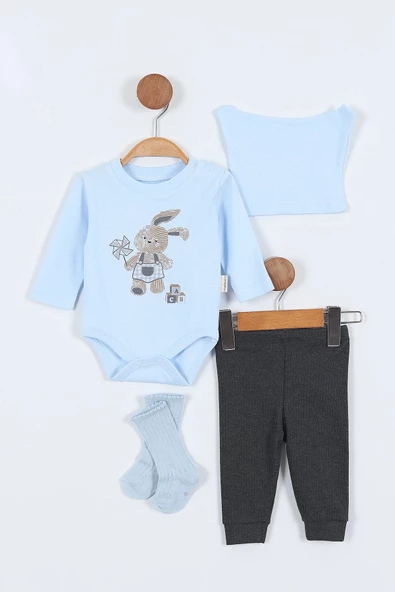 Tavşan Desenli Erkek Bebek Hastane Çıkışı Bebek Kıyafetleri Yenidoğan Hastane Çıkış Seti 4 Müslin - 2