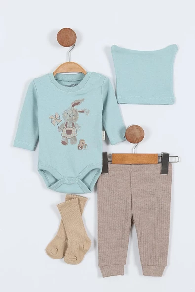 Tavşan Desenli Erkek Bebek Hastane Çıkışı Bebek Kıyafetleri Yenidoğan Hastane Çıkış Seti 4 Müslin - 4