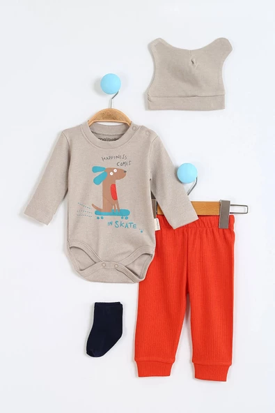 Hayvan Desenli Erkek Bebek Hastane Çıkışı Bebek Kıyafetleri Yenidoğan Hastane Çıkış Seti 4'lü Müslin - 4