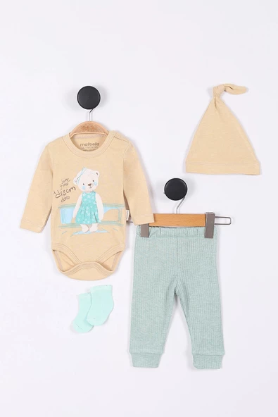 Müslin Tavşan Desenli Kız Bebek Hastane Çıkışı Bebek Kıyafetleri Yenidoğan Hastane Çıkış Seti 4'lü