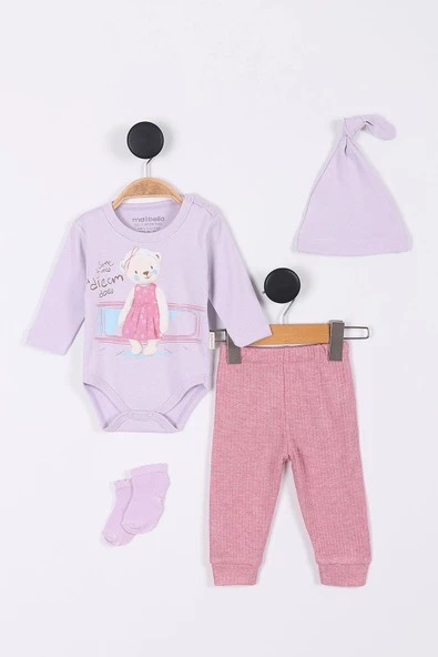 Müslin Tavşan Desenli Kız Bebek Hastane Çıkışı Bebek Kıyafetleri Yenidoğan Hastane Çıkış Seti 4'lü - 3