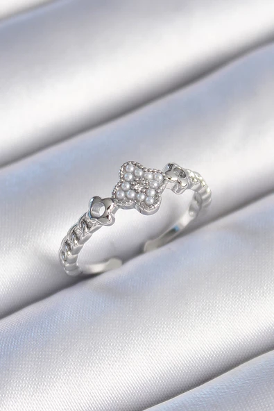 Pirinç Gümüş Renk İncili Yonca Model Zirkon Taş Detaylı Kadın Yüzük - TJ-BYK3439 ürün görseli