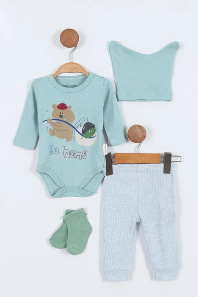 Ayı Desenli Müslin Erkek Bebek Hastane Çıkışı Bebek Kıyafetleri Yenidoğan Hastane Çıkış Seti 4'lü - 4