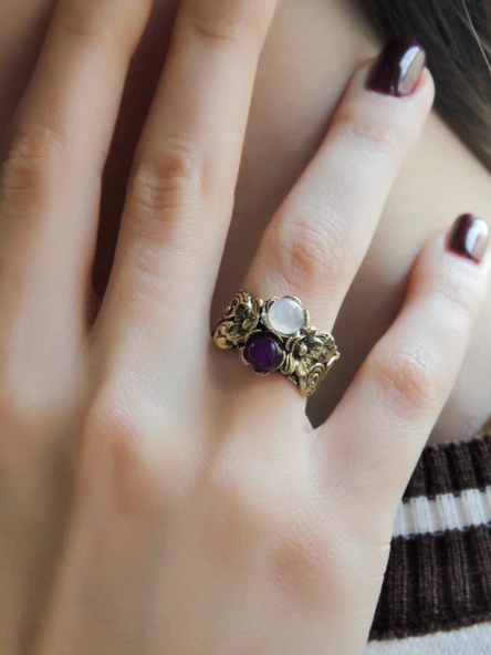 İkili Doğal Taşlı Çiçek Motifli Antik Kadın Ayarlanabilir Yüzük Aytaşı Ametist euy22aamt - Resim 2