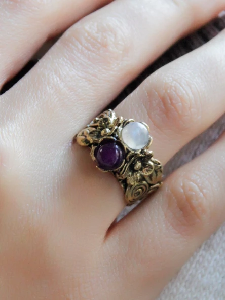 İkili Doğal Taşlı Çiçek Motifli Antik Kadın Ayarlanabilir Yüzük Aytaşı Ametist euy22aamt - Resim 4