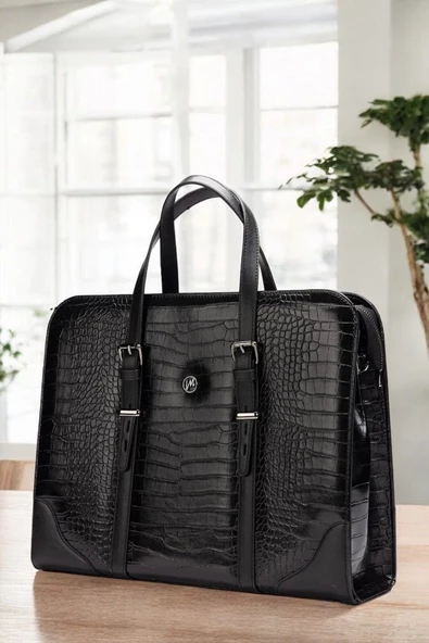 Unisex Lüx 14-15.6" İnç Siyah Kroko Ofis Evrak Laptop Çantası - 5