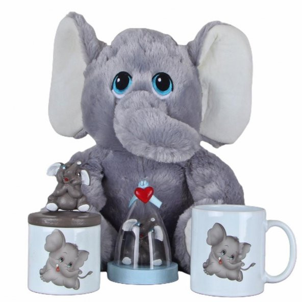 Fil Peluş Oyuncak 30 Cm Gri Fil Fanus Biblo Kalemlik Kupa Set