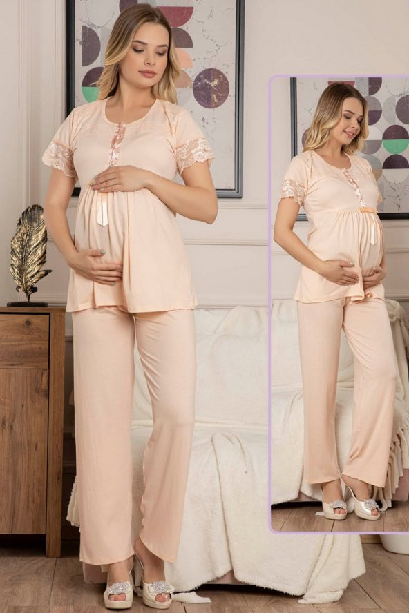 Kadın Krem Lohusa Pijama Takımı Jenika 40620 - Jenika 2 li Kadın Hamile Pijaması