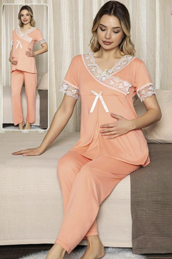 Kadın Turuncu Lohusa Pijama Takımı Jenika 47189 - Jenika 2 li Kadın Hamile Pijaması