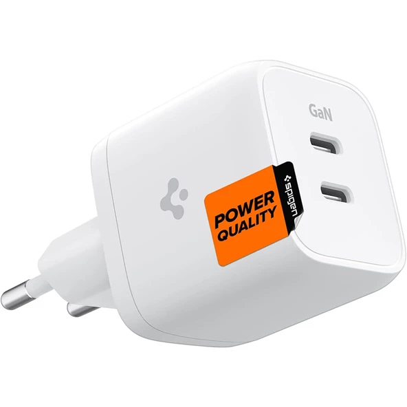 Spigen 45W USB-C 2 Port Mini Adaptör Samsung PPS 2.0 Şarj Isı Düşürücü GaN Hızlı Şarj Aleti iPhone & Android & iPad & MacBook Type-C PE2105 White