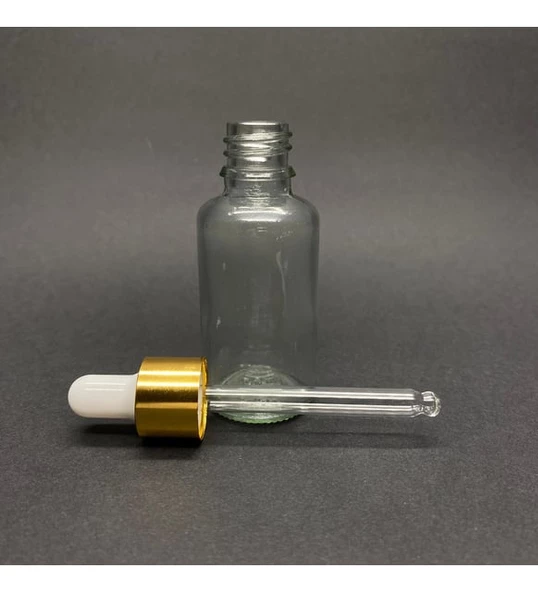 30ml Şeffaf, Cam Şişe, 24 adet, Cam Damlalıklı, Ecza şişesi, Propolis şişesi, Gold Kapak Beyaz Emzik - 1