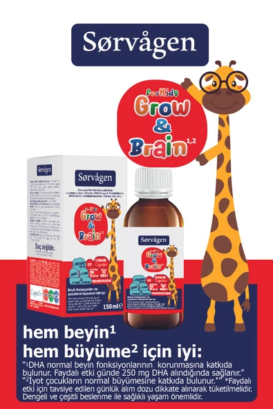 Sorvagen Grow&brain L-Arjinin, Sitikolin, Fosfatidilserin, Dha Omega 3, B12, L- Lizin, Multi Vitamin&mineral Sıvı 150 ml