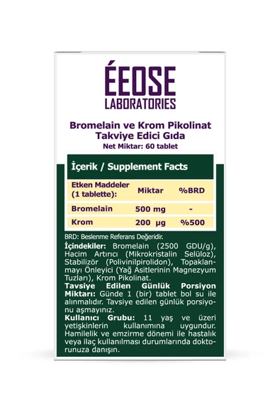 EEOSE Bromelain 2500 Gdu/g Ve Krom Pikolinat - 60 Tablet - 2