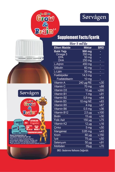 Sorvagen Grow&brain L-Arjinin, Sitikolin, Fosfatidilserin, Dha Omega 3, B12, L- Lizin, Multi Vitamin&mineral Sıvı 150 ml - 5