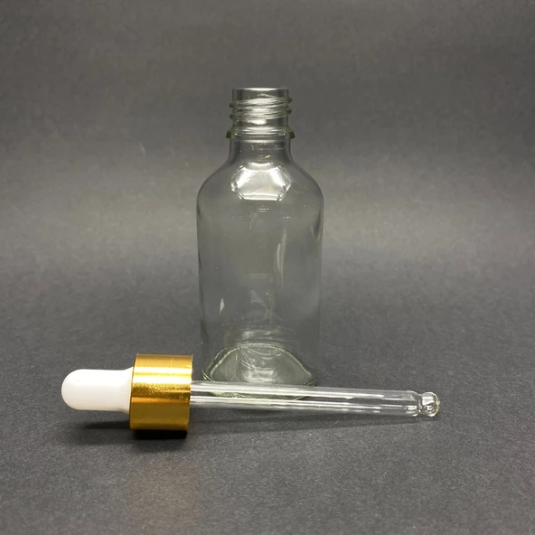 50ml Şeffaf, Cam Şişe, 24 adet, Cam Damlalıklı, Ecza şişesi, Propolis şişesi, Gold Kapak Beyaz Emzik