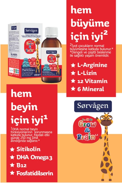 Sorvagen Grow&brain L-Arjinin, Sitikolin, Fosfatidilserin, Dha Omega 3, B12, L- Lizin, Multi Vitamin&mineral Sıvı 150 ml - 3