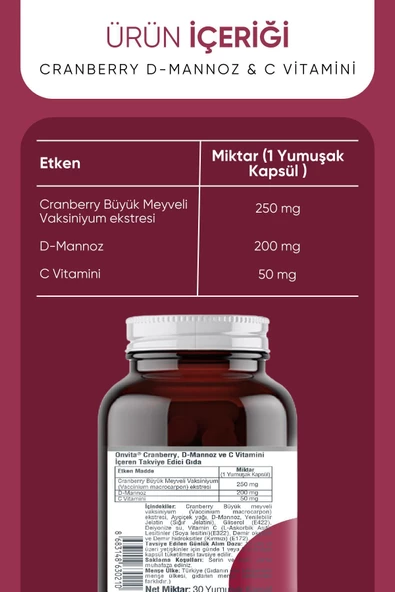 ONVİTA Cranberry D-mannoz Ve C Vitamini 30 Yumuşak Kapsül - 3