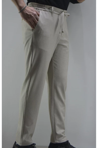 MAZSAY Erkek Gofre Licralı Jogger Pantolon Bej - 3