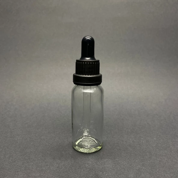 20ml, Şeffaf Cam Şişe, 24 adet, Cam Damlalıklı, Ecza şişesi, Propolis şişesi, Siyah Kapak Siyah Emzik - 1