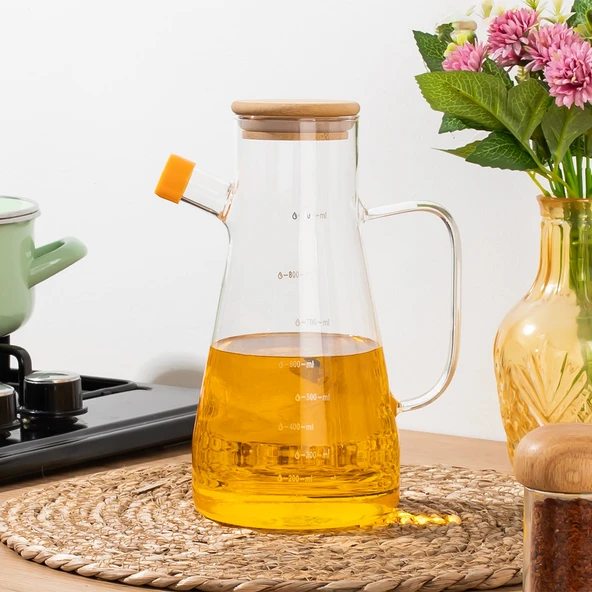 Porsima 401275 Alisa Bambu Kapaklı Borosilikat Ölçekli Cam Yağlık Silikon Tabanlı Dereceli Yağdanlık 900 mL - 3