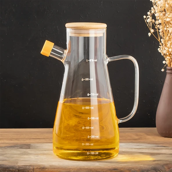 Porsima 401275 Alisa Bambu Kapaklı Borosilikat Ölçekli Cam Yağlık Silikon Tabanlı Dereceli Yağdanlık 900 mL