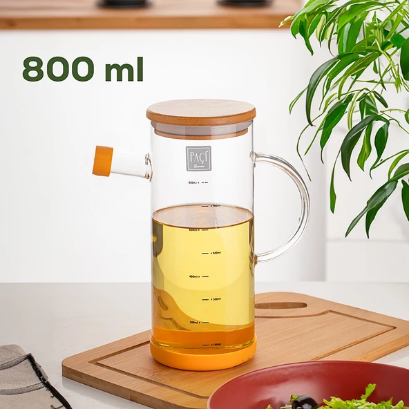 Porsima 401275 Alisa Bambu Kapaklı Borosilikat Ölçekli Cam Yağlık Silikon Tabanlı Dereceli Yağdanlık 800 mL