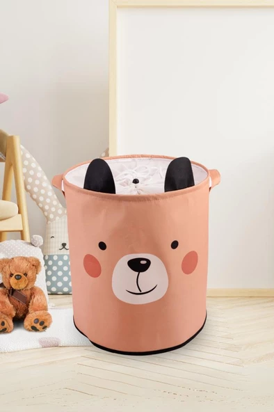 Ayıcık Desenli Fileli Ağzı Büzgülü Bebek Çocuk Odası Düzenleyici Saklama Kutusu, Oyuncak Kirli Sepeti 36x40 cm - 3