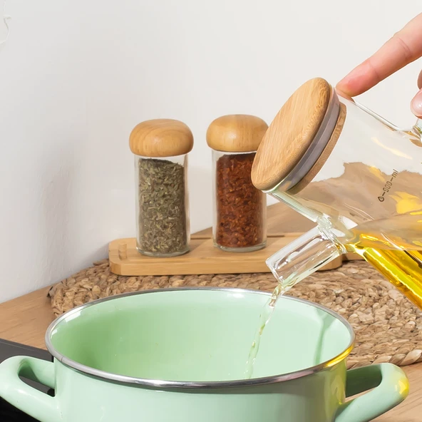 Porsima 401275 Alisa Bambu Kapaklı Borosilikat Ölçekli Cam Yağlık Silikon Tabanlı Dereceli Yağdanlık 900 mL - 2