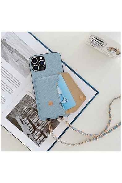 Apple iPhone 14 Pro Max Uyumlu Kılıf Metal Boyun Askılı Cepli Deri Kılıf Siyah - Resim 3