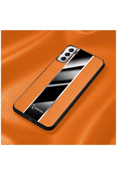 Samsung Galaxy S22 Uyumlu Kılıf Premium Deri Kılıf Turuncu - Resim 3