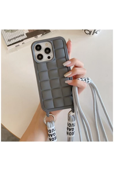 Apple Iphone 13 Pro Max Uyumlu Kılıf Boyun Askılı Rope Silikon Kılıf Gri