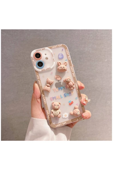 Apple Iphone 11 Uyumlu Kılıf Bear And Rabbit Silikon Kılıf Kahverengi