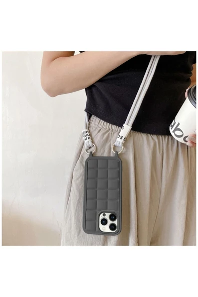 Apple iPhone 15 Pro Max Uyumlu Kılıf Zebana Boyun Askılı Rope Silikon Kılıf Krem Rengi - Resim 4