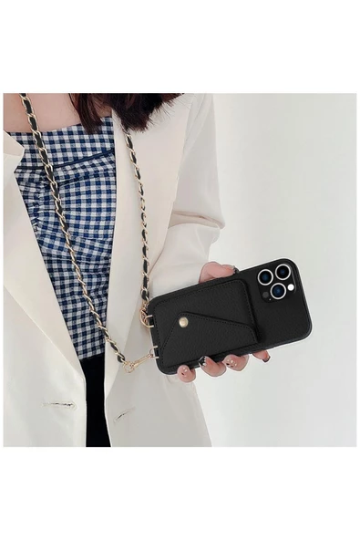 Apple iPhone 14 Pro Max Uyumlu Kılıf Metal Boyun Askılı Cepli Deri Kılıf Siyah - Resim 2