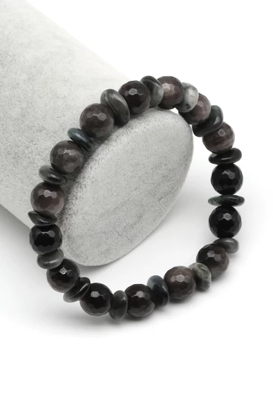 Silver Obsidyen-Kedi Gözü Doğal Taş Tasarım Bileklik 10 mm Fasetli Küre Kesim