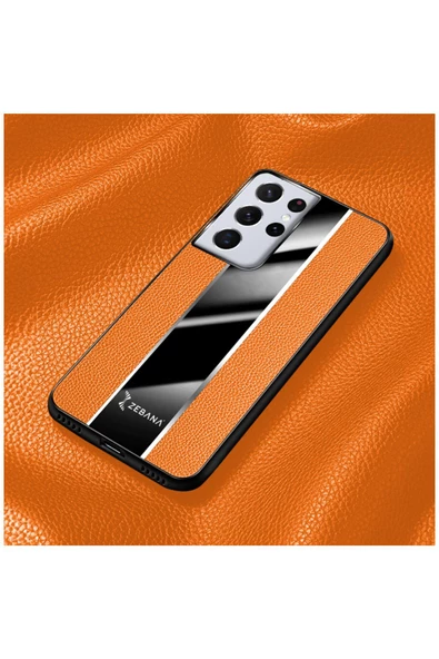 Samsung Galaxy S23 Ultra Uyumlu Kılıf Premium Deri Kılıf Turuncu - Resim 3