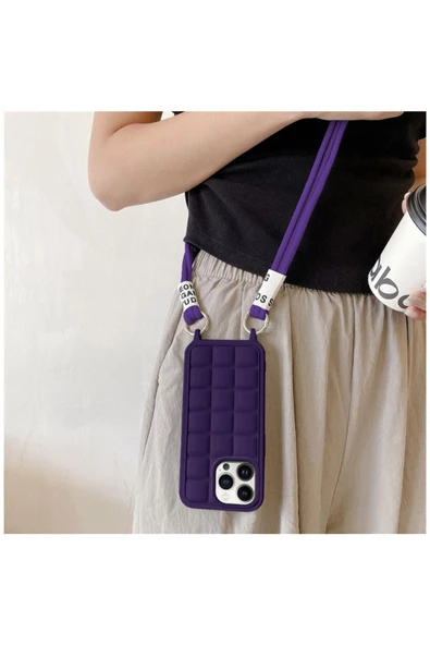 Apple iPhone 12 Pro Max Uyumlu Kılıf Zebana Boyun Askılı Rope Silikon Kılıf Derin Mor - Resim 2