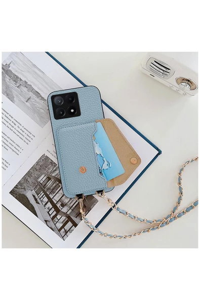 Xiaomi Poco X6 Pro 5G Uyumlu Kılıf Zebana Boyun Askılı Deri Kılıf Açık Mavi ürün görseli