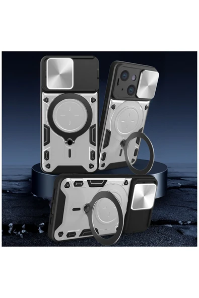 Apple Iphone 15 Uyumlu Kılıf Manyetik Standlı Armor Silikon Kılıf Siyah - Resim 6